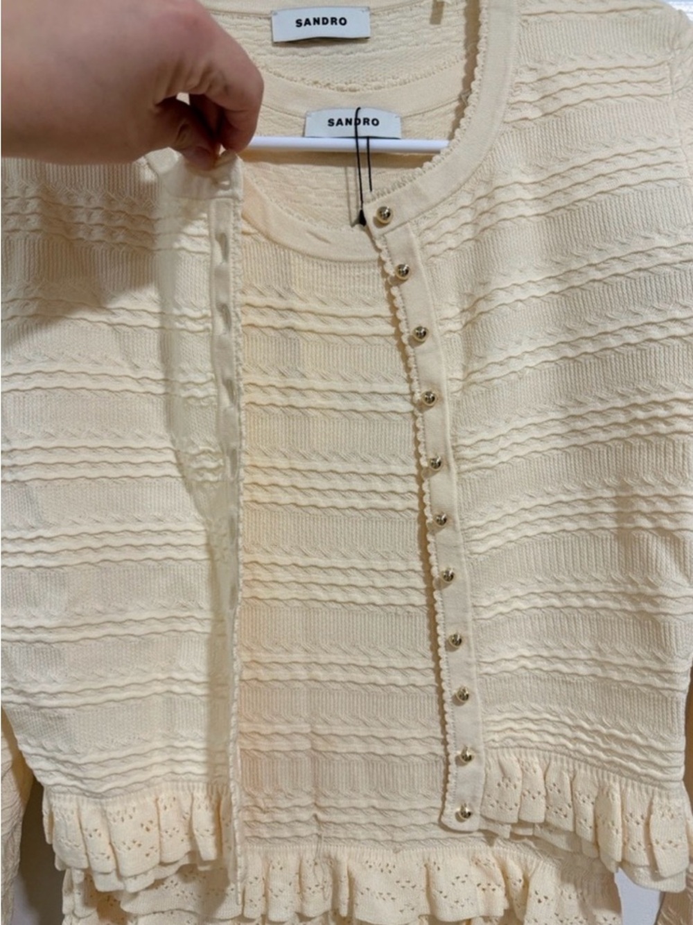 Sandro set Cream Knit Maxi Dress and Cardigan with Tiered Ruffle Panels - Picture 5 of 7